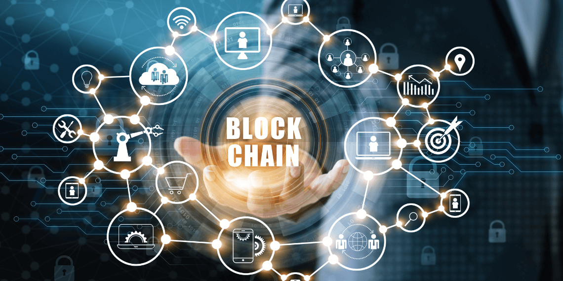 illustration of interconnected nodes forming a digital network, with binary code and a glowing blockchain ledger at the center, symbolizing transparency and security