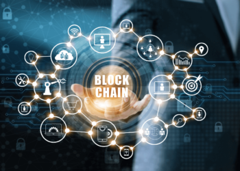 illustration of interconnected nodes forming a digital network, with binary code and a glowing blockchain ledger at the center, symbolizing transparency and security