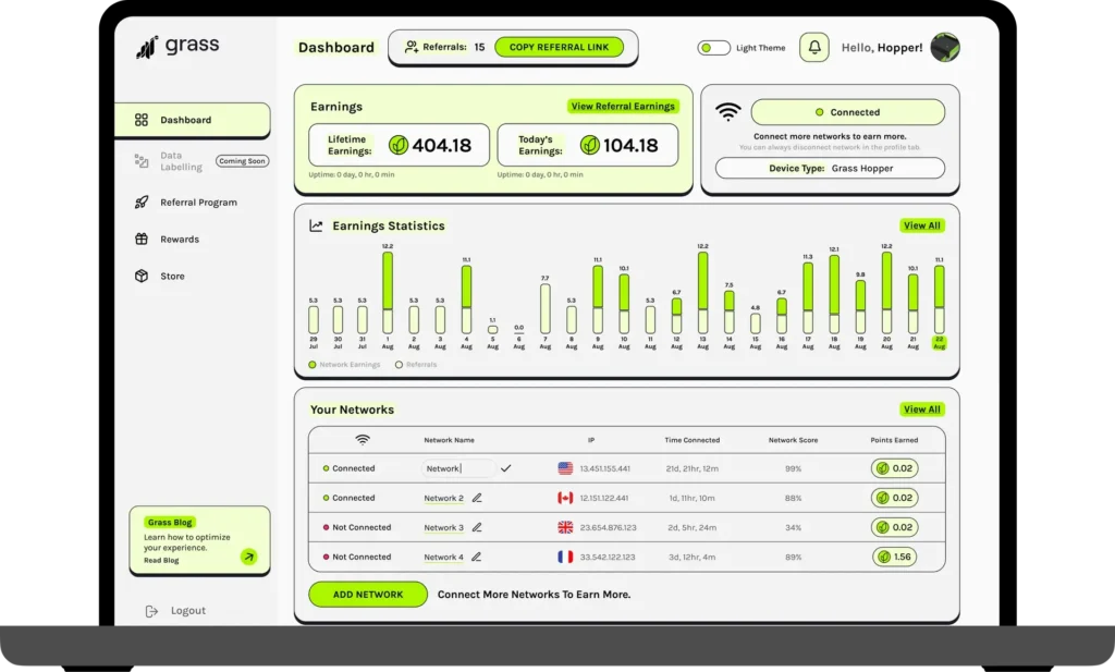 Illustration of Grass app interface for earning rewards by sharing bandwidth.