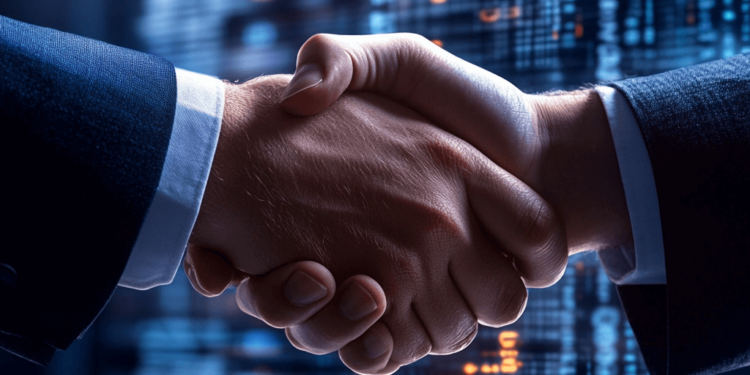 Two hands Shaking in background smart contracts symbols