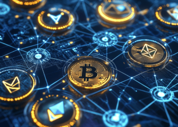 Cryptocurrency Trading. Bitcoin and Ethereum symbols in a blockchain-inspired design.