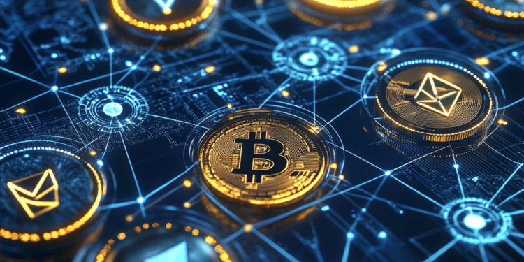 Cryptocurrency Trading. Bitcoin and Ethereum symbols in a blockchain-inspired design.