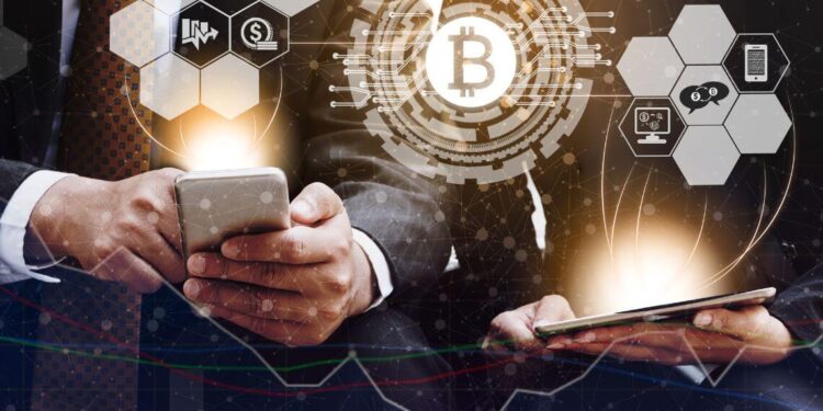 Futuristic digital landscape with blockchain patterns and Bitcoin/Ethereum symbols