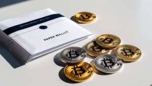 Printed paper wallet with cryptocurrency keys and coins for offline storage.