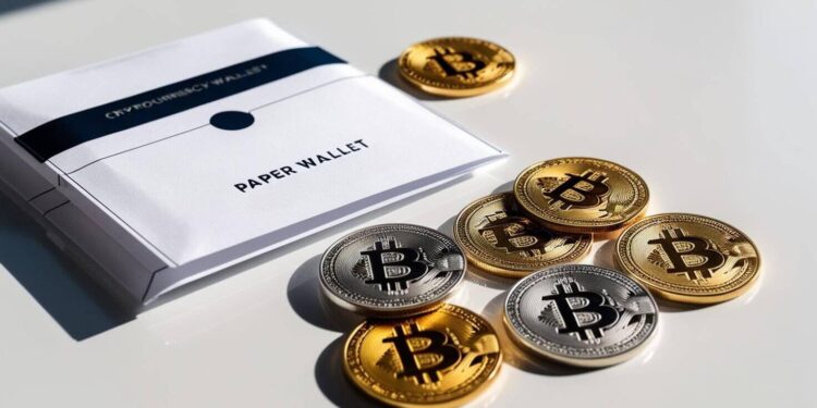 Printed paper wallet with cryptocurrency keys and coins for offline storage.