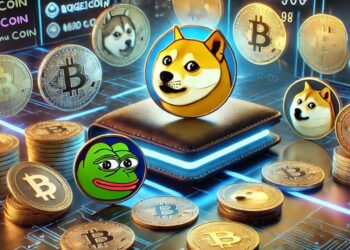 A symbolic image showing a secure digital wallet with meme coins floating around it.