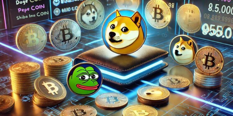 A symbolic image showing a secure digital wallet with meme coins floating around it.