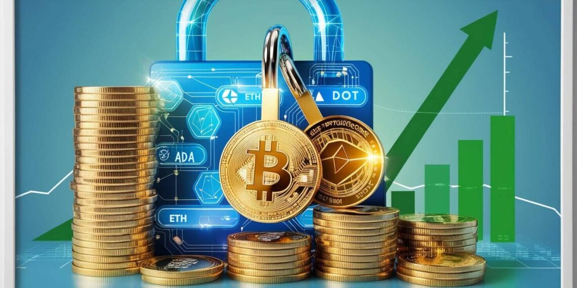 Illustration of cryptocurrency staking and passive income in DeFi, featuring blockchain and growing rewards.