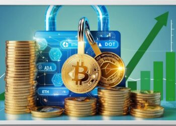 Illustration of cryptocurrency staking and passive income in DeFi, featuring blockchain and growing rewards.