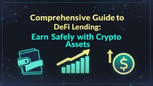 Illustration showing decentralized finance (DeFi) lending process with crypto wallets, smart contracts, and interest earnings.