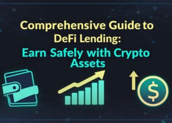 Illustration showing decentralized finance (DeFi) lending process with crypto wallets, smart contracts, and interest earnings.