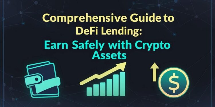 Illustration showing decentralized finance (DeFi) lending process with crypto wallets, smart contracts, and interest earnings.