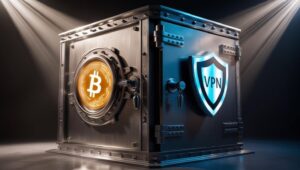 Hero image showcasing VPN protection for cryptocurrency security in 2025 with a shield icon, blockchain symbols, and a secure digital vault.