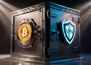 Hero image showcasing VPN protection for cryptocurrency security in 2025 with a shield icon, blockchain symbols, and a secure digital vault.