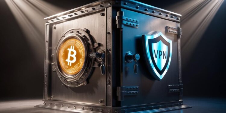 Hero image showcasing VPN protection for cryptocurrency security in 2025 with a shield icon, blockchain symbols, and a secure digital vault.