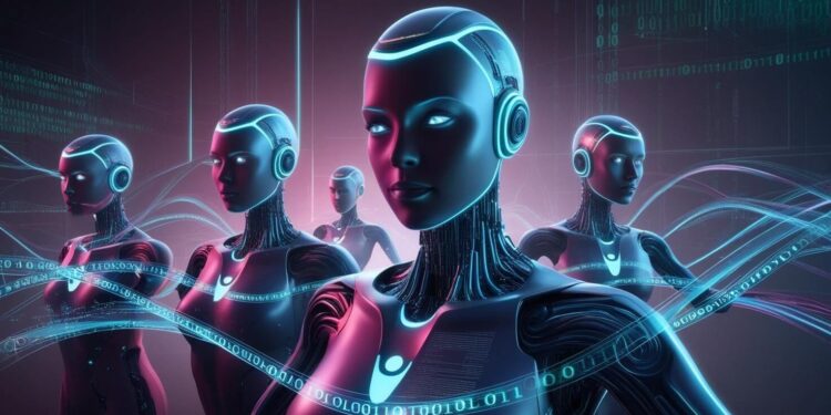 Futuristic depiction of AI agents connected to a blockchain network, symbolizing secure and efficient data integration.