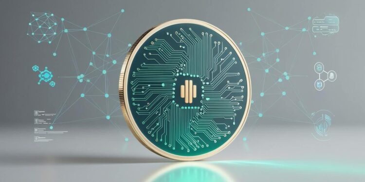 Illustration of AI Coin with blockchain network and artificial intelligence elements.