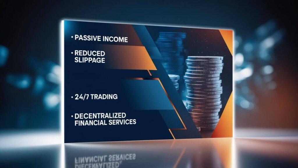 An infographic listing benefits like "Passive Income," "Reduced Slippage," "24/7 Trading," and "Decentralized Financial Services.