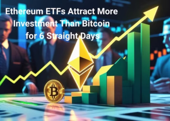 Illustration of Ethereum outperforming Bitcoin in ETF investments with financial chart, investor figures, and upward growth arrows – representing 6-day streak of higher inflows