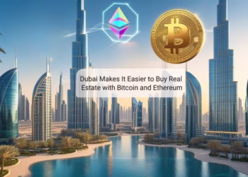 Dubai skyline with Burj Khalifa and Bitcoin, Ethereum symbols representing crypto real estate purchases