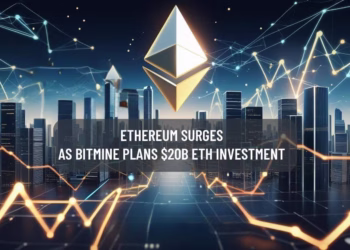 Ethereum surges as BitMine announces $20 billion ETH investment, illustrated with glowing Ethereum logo, blockchain city skyline, and upward-trending charts